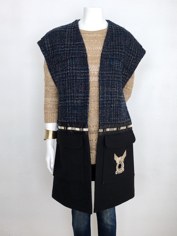 Alvarno Oversize Tweed-Wool Long Vest with Swarovski Crystals Details