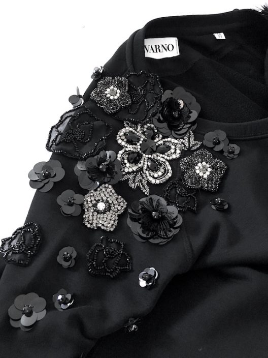 Alvarno Black Sweater with Swarovski Crystals Flowers - Unique Pieces Collection