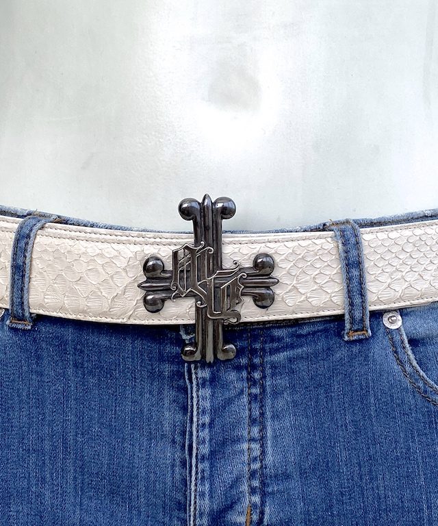 Versace white python leather belt-cross buckle