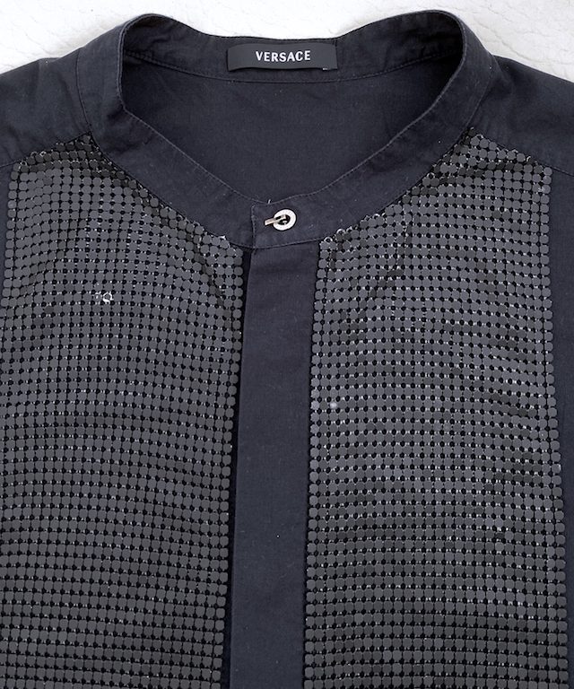 Versace dress shirt hidden buttons, metallic mesh detail