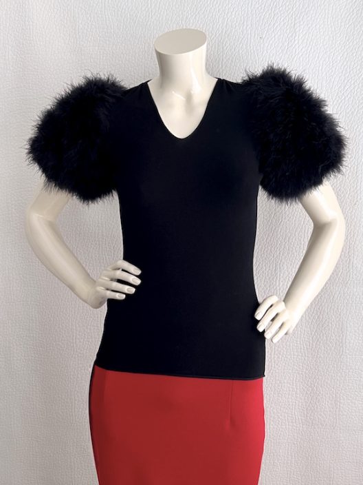 Giorgio Armani black top with marabou feather sleeves