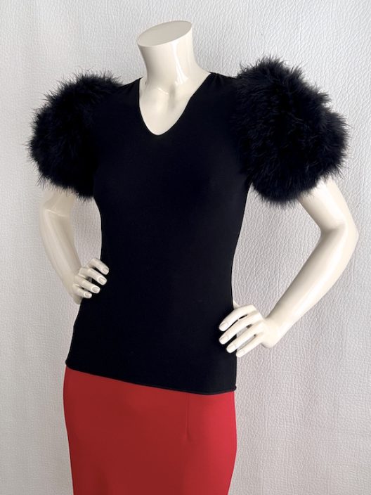 Giorgio Armani black top with marabou feather sleeves