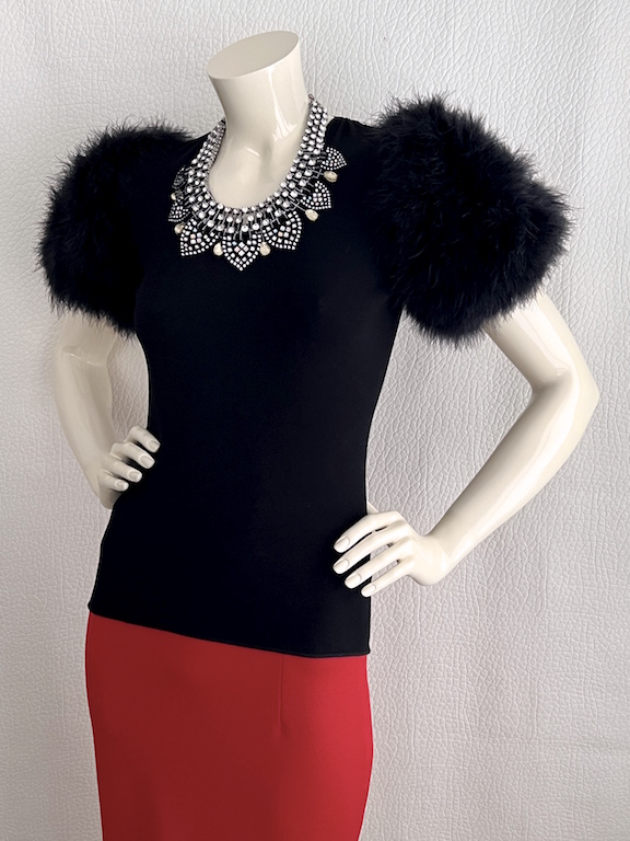 Giorgio Armani black top with marabou feather sleeves