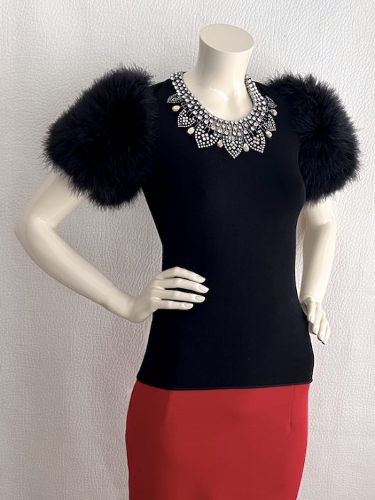 Giorgio Armani black top with marabou feather sleeves