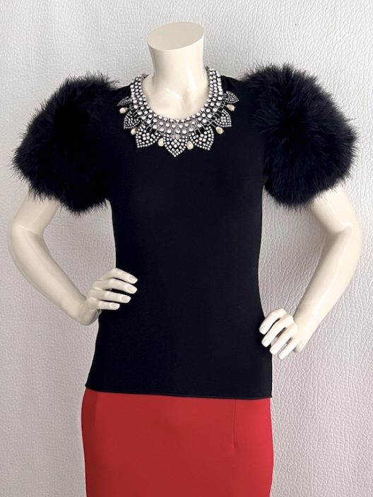 Giorgio Armani black top with marabou feather sleeves
