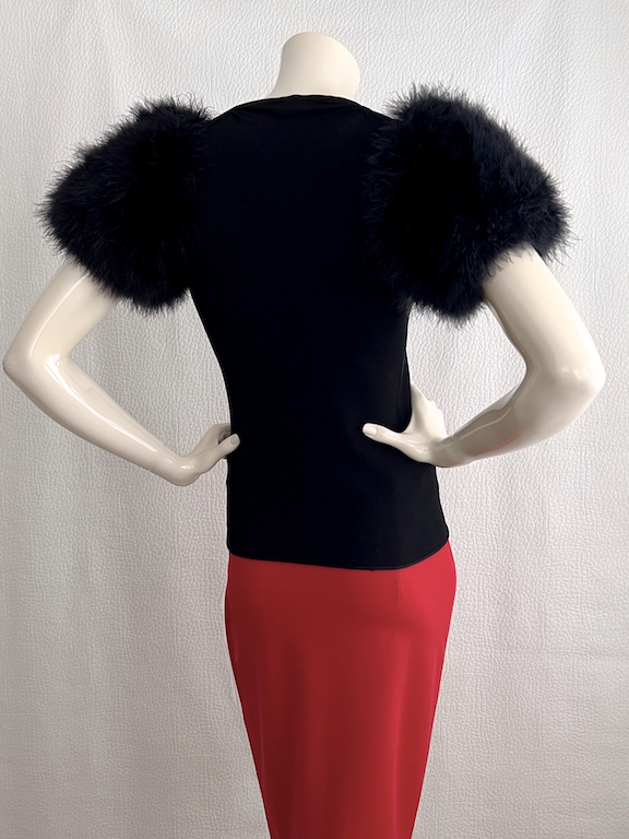 Giorgio Armani black top with marabou feather sleeves