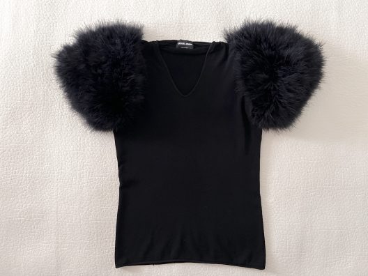 Giorgio Armani black top with marabou feather sleeves