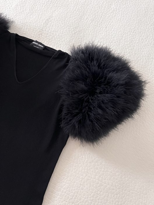 Giorgio Armani black top with marabou feather sleeves