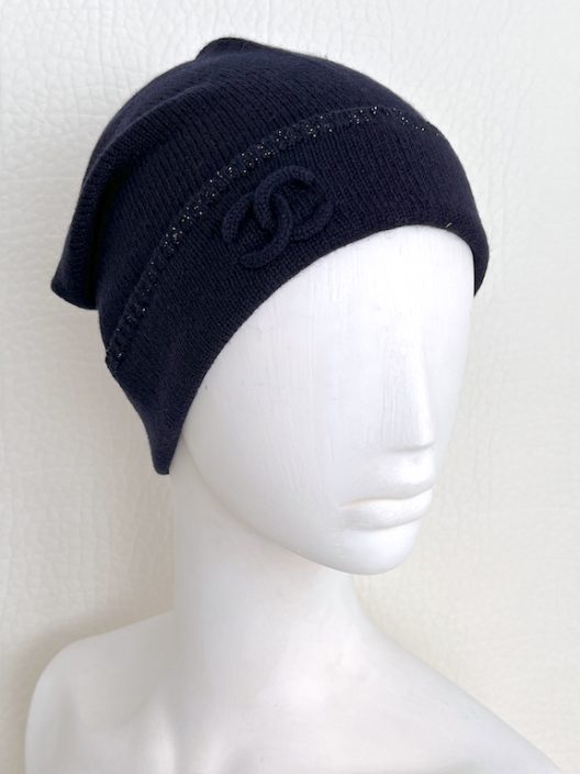Chanel SET Navy Cashmere Knit Hat and Mittens