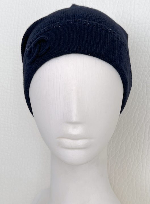 Chanel SET Navy Cashmere Knit Hat and Mittens
