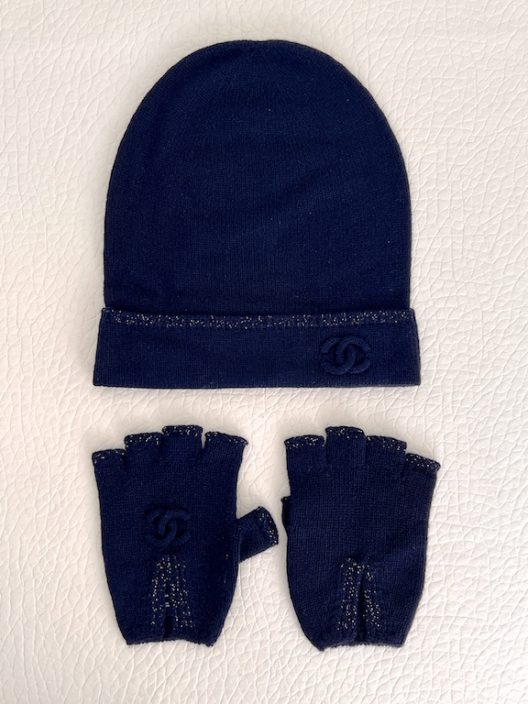 Chanel SET Navy Cashmere Knit Hat and Mittens