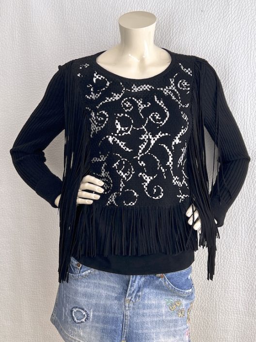 Karl Lagerfeld Black cashmere sweater with suede fringes
