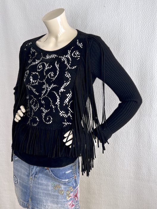 Karl Lagerfeld Black cashmere sweater with suede fringes