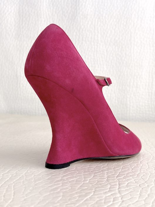 Manolo Blahnik fuchsia suede wedge shoe