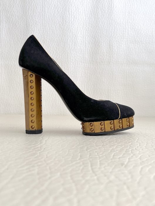 RARE Chanel Black Suede Heels 120mm "CC" logo