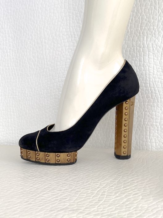 RARE Chanel Black Suede Heels 120mm "CC" logo