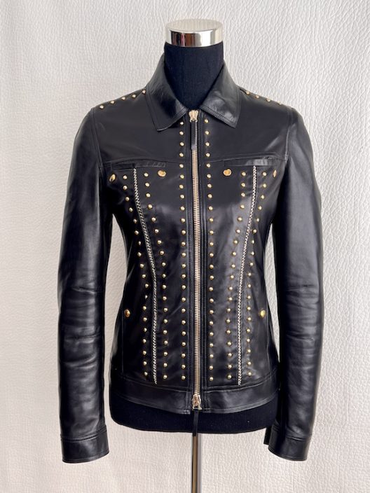 Roberto Cavalli black leather jacket embellished with gold metal