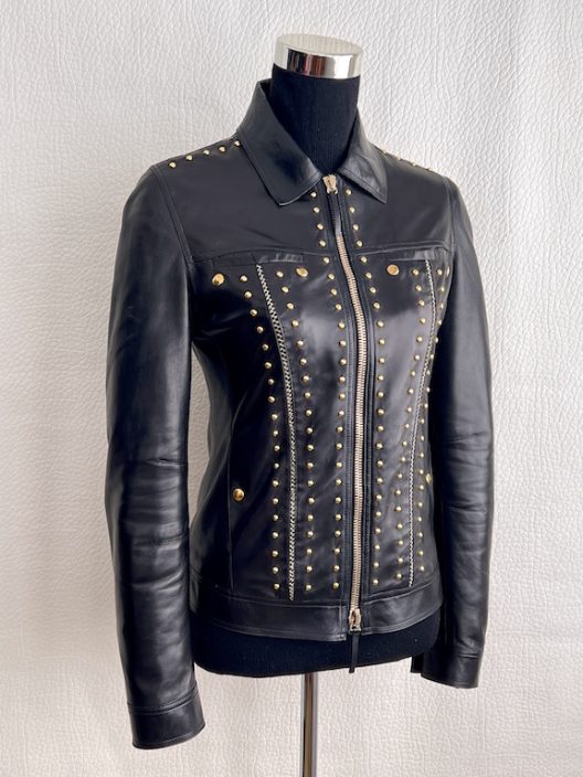 Roberto Cavalli black leather jacket embellished with gold metal
