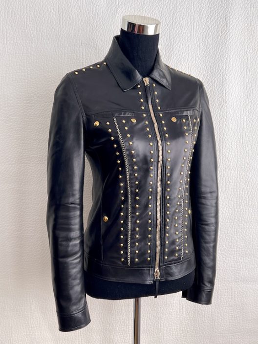 Roberto Cavalli black leather jacket embellished with gold metal