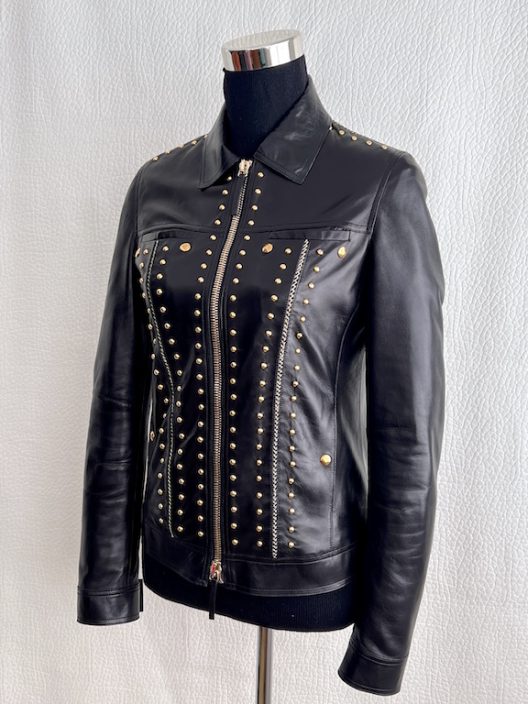 Roberto Cavalli black leather jacket embellished with gold metal