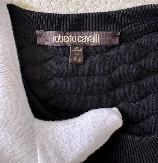 Roberto Cavalli Sweater with leather sleeves embellished with rhinestones