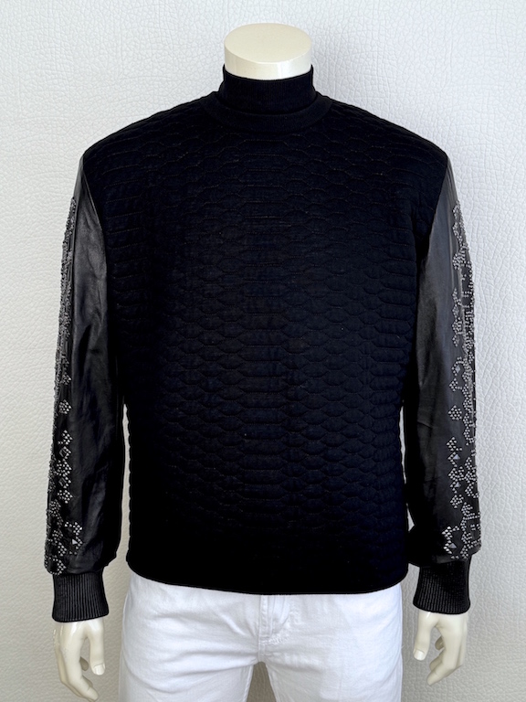 Roberto Cavalli Sweater with leather sleeves embellished with rhinestones