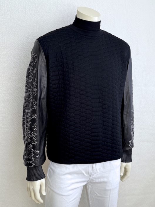 Roberto Cavalli Sweater with leather sleeves embellished with rhinestones
