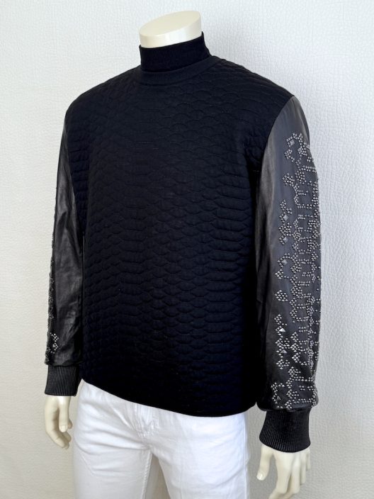 Roberto Cavalli Sweater with leather sleeves embellished with rhinestones