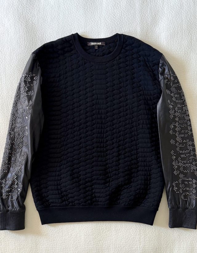 Roberto Cavalli Sweater with leather sleeves embellished with rhinestones
