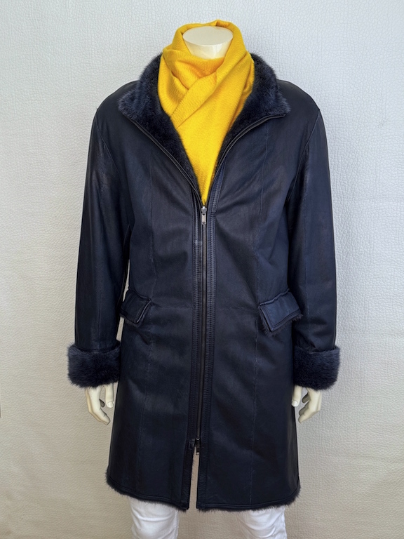 Navy leather coat with mink lining
