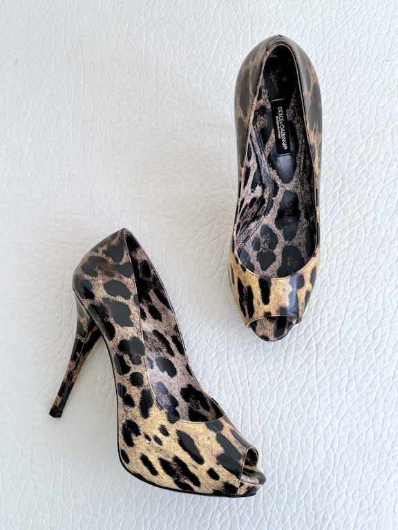 Dolce & Gabbana Animal Print Patent Leather Peep Toe Heels