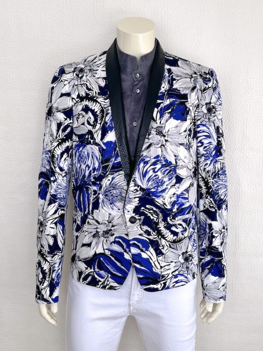 Roberto Cavalli Men’s Floral Print Tuxedo Blazer with Genuine Snakeskin Lapel