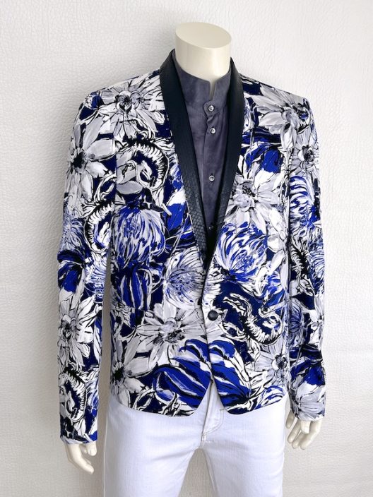 Roberto Cavalli Men’s Floral Print Tuxedo Blazer with Genuine Snakeskin Lapel