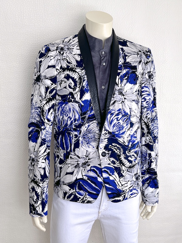 Roberto Cavalli Men’s Floral Print Tuxedo Blazer with Genuine Snakeskin Lapel