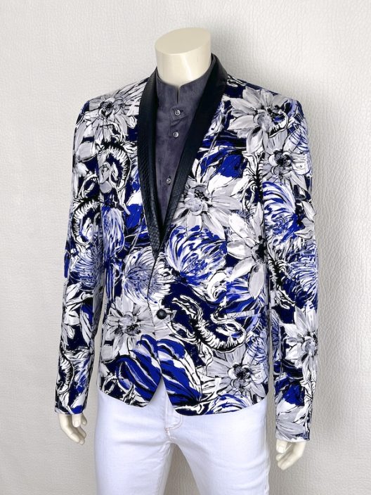 Roberto Cavalli Men’s Floral Print Tuxedo Blazer with Genuine Snakeskin Lapel