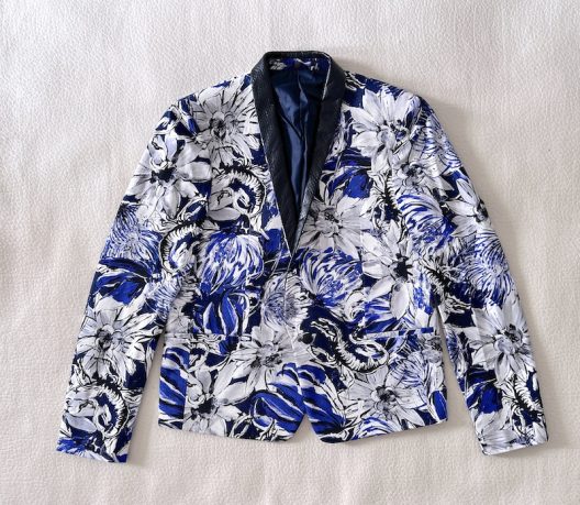 Roberto Cavalli Men’s Floral Print Tuxedo Blazer with Genuine Snakeskin Lapel