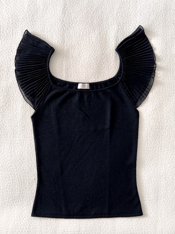 Valentino Black Wool Knit Top with Pleated Silk-Chiffon Sleeves - Size M