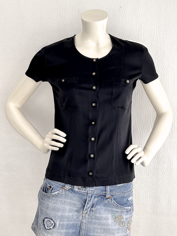 Chanel Black Silk Blouse - Gold "CC" Logo Buttons Sz.FR 38-US 6
