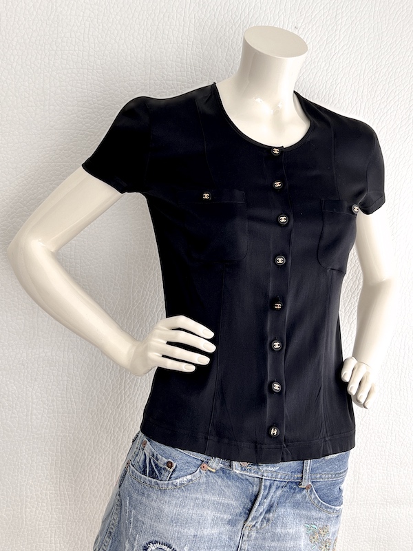 Chanel Black Silk Blouse - Gold "CC" Logo Buttons Sz.FR 38-US 6