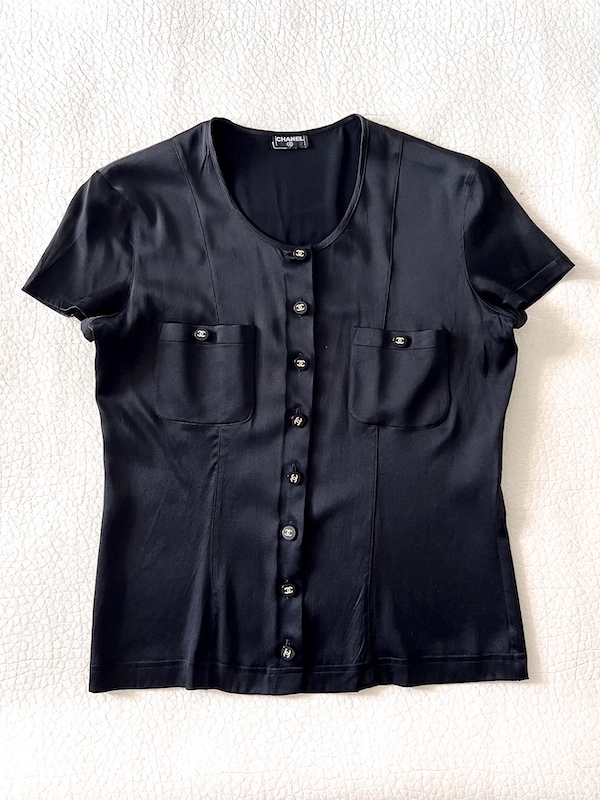 Chanel Black Silk Blouse - Gold "CC" Logo Buttons Sz.FR 38-US 6