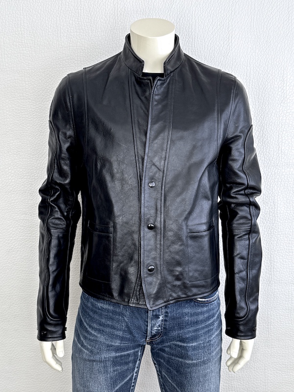 Balenciaga Men Black Leather Jacket Minimalist Snap Front Lambskin IT54