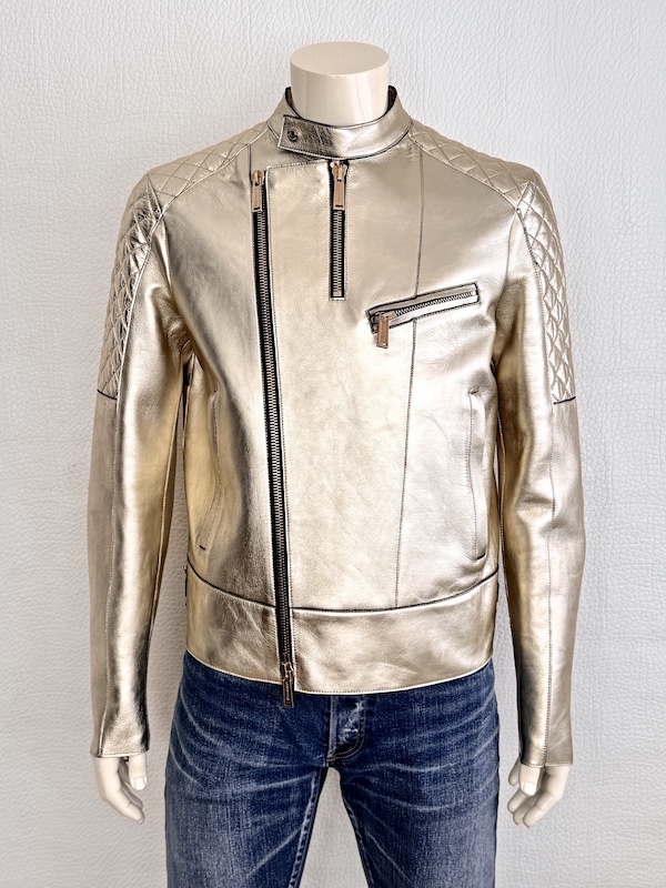 RARE Dsquared2 Runway Gold Metallic Leather Biker Jacket Lambskin Quilted Moto IT52