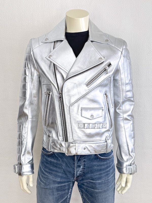 Balmain Runway Silver Metallic Leather Biker Jacket Lambskin Sz. IT46 - US36